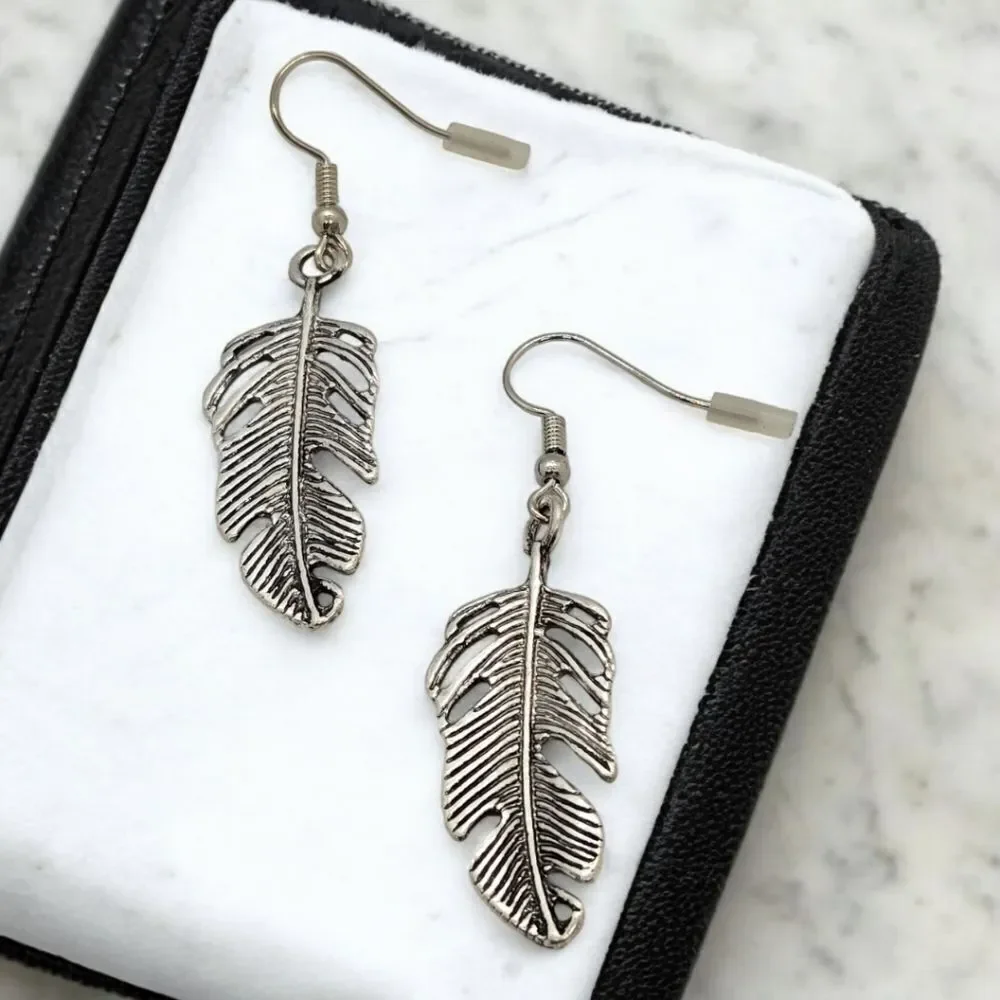 Tribal Eagle Feather Dangle Drop Earrings Boho Native American Jewelry Silver